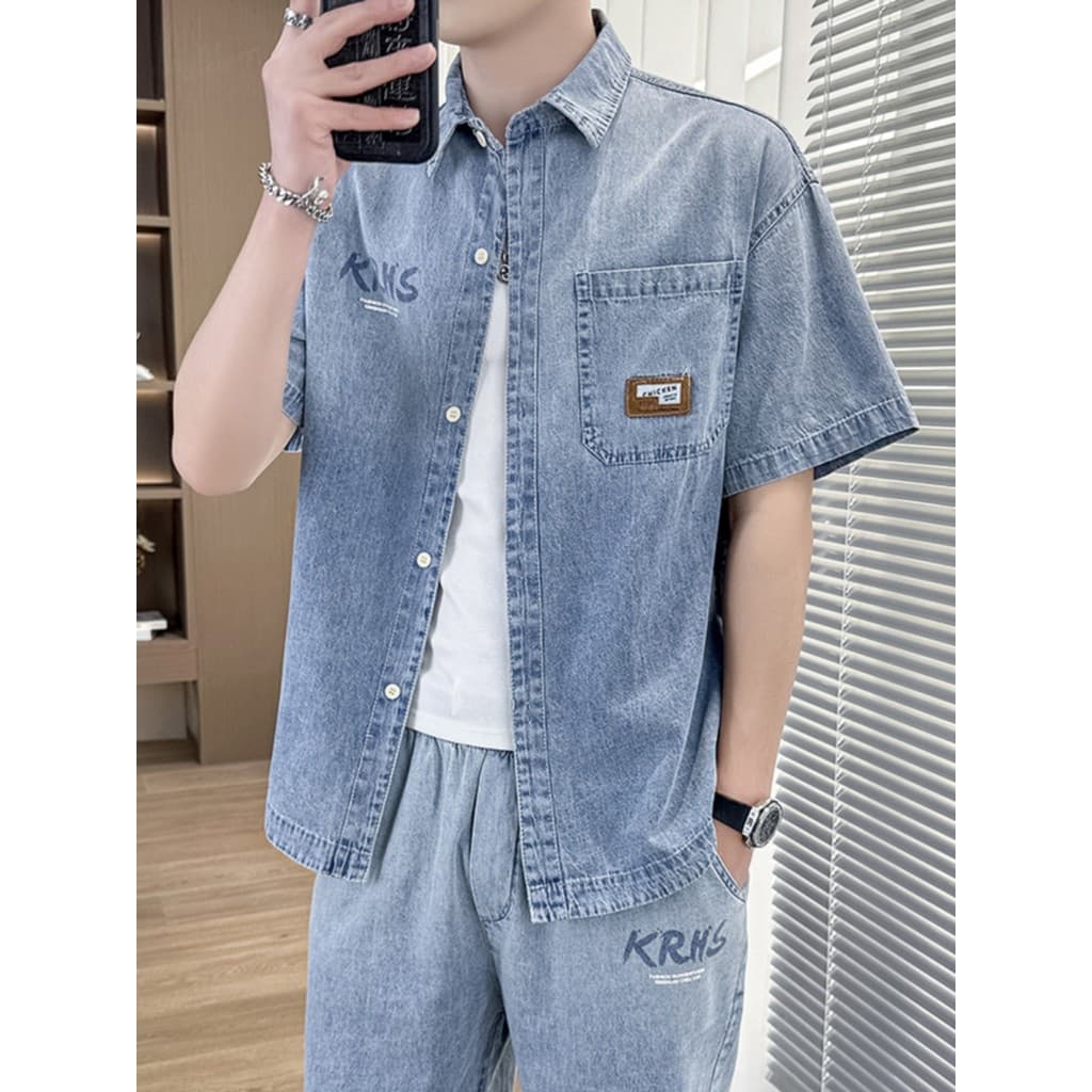 Denim camisa de manga curta Shorts terno masculino verão estilo fino combinando um conjunto completo masculino verão Cas