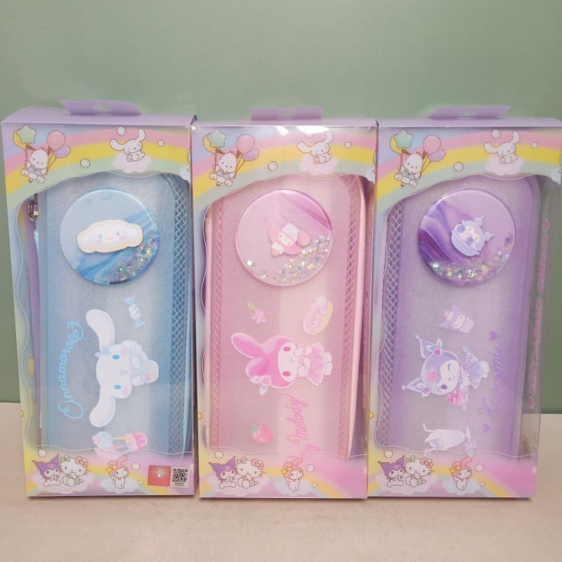 Genuíno Sanrio rotativo Glitter lápis caso Kuromi cão de orelhas grandes descompressão lápis saco estudante PP papelaria