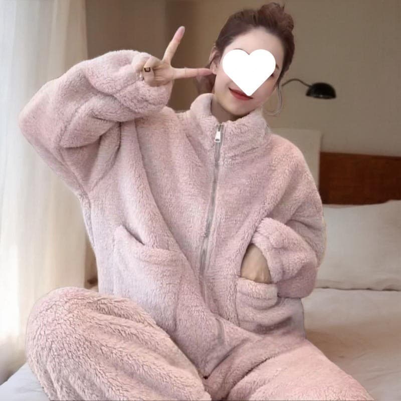Outono inverno novo estilo Homewear engrossado gola alta Coral velo pijamas conjunto pode usar exterior Paja