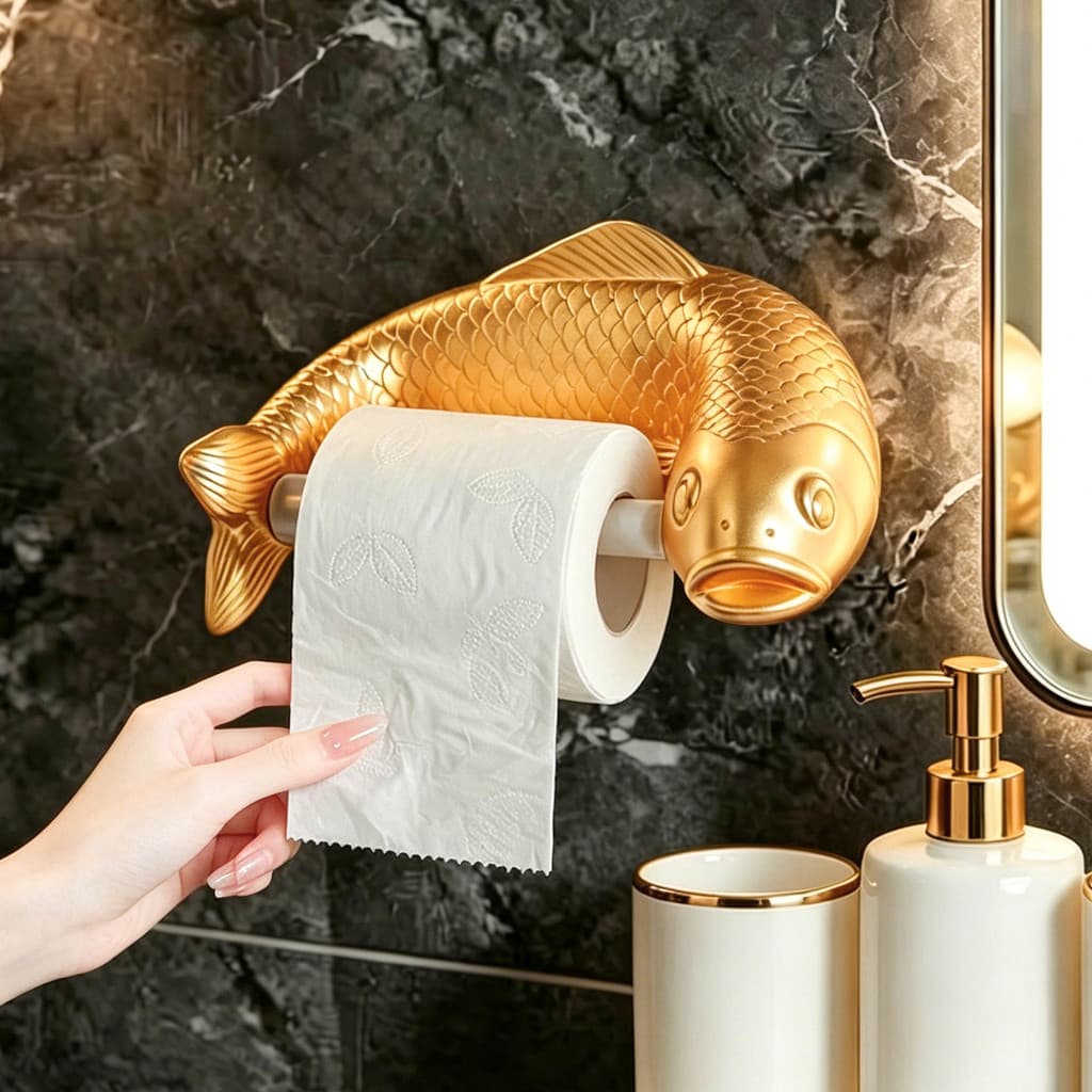 Suporte de tecido de parede Koi dourado de luxo leve, Rack de papel higiênico sem perfuração, estilo chinês, ornamentos