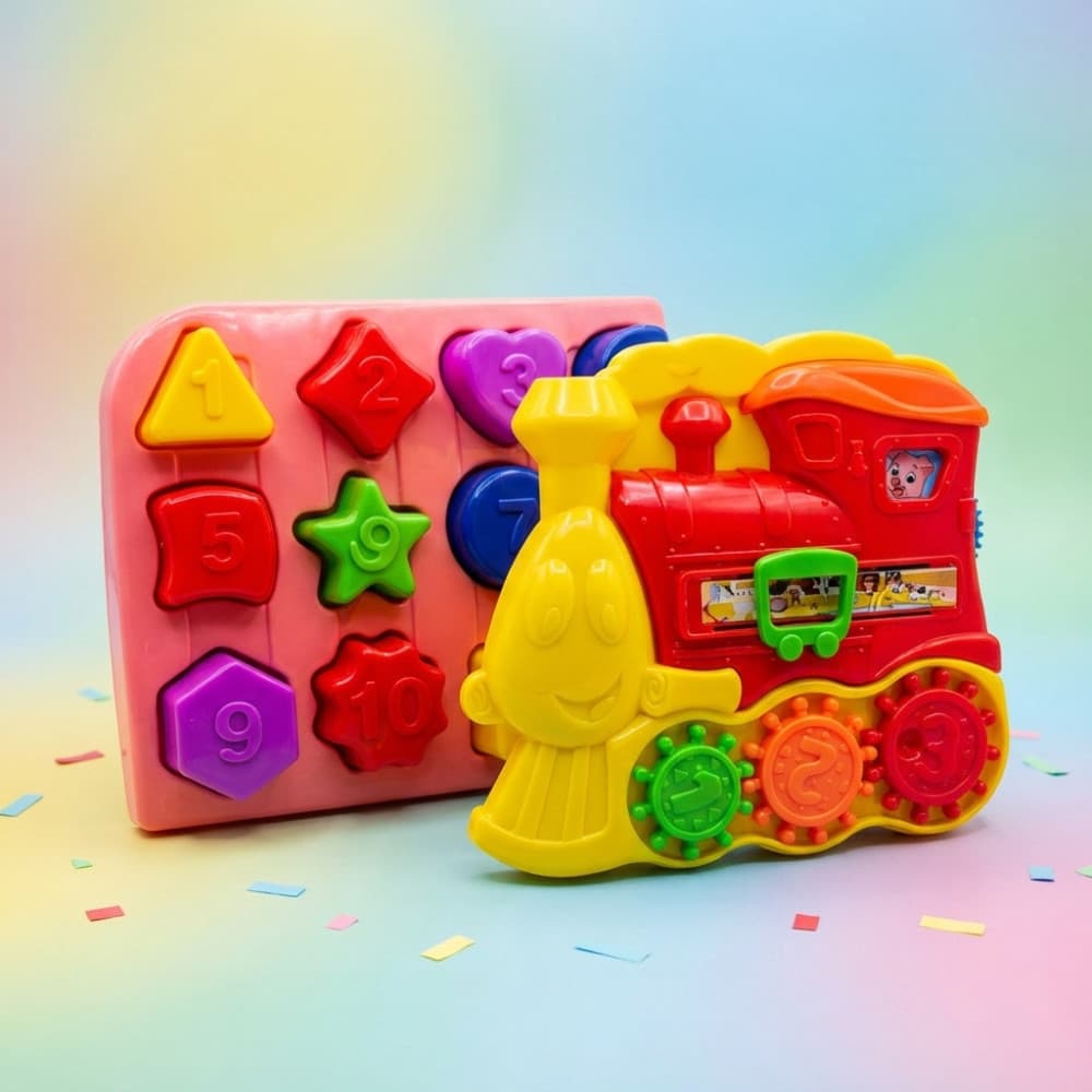 Kit 2 Peças Brinquedo Didático com Peças Menino Menina Trem com Engrenagens Numeradas Formas