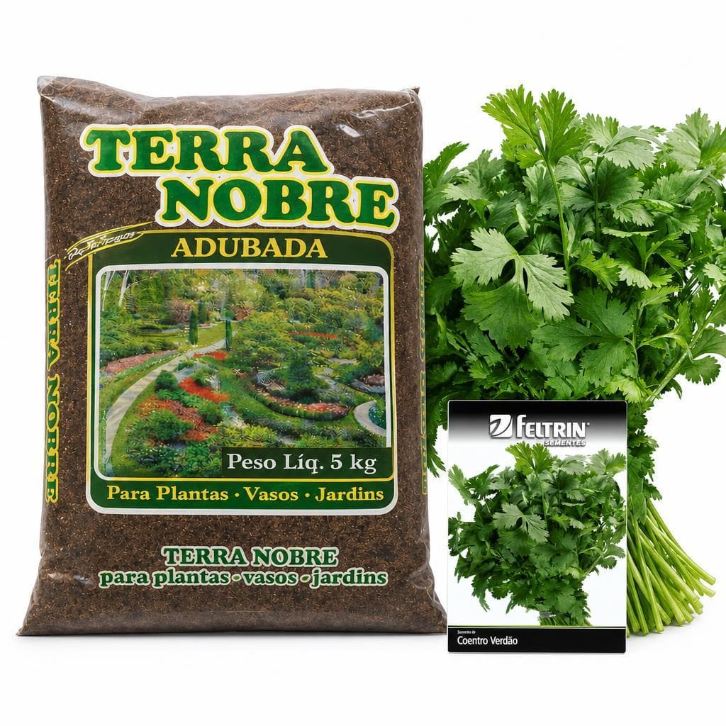 Kit Horta Fácil Coentro em Casa: Terra Adubada 5kg + Sementes Rápido - Cultive Temperos Frescos!