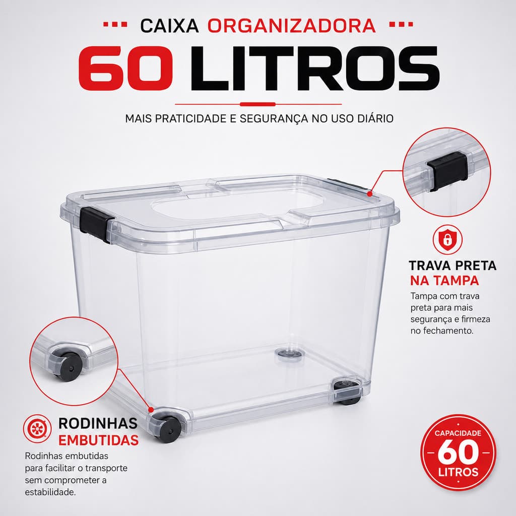 Caixa Organizadora 60 Litros G Transparente Com Tampa