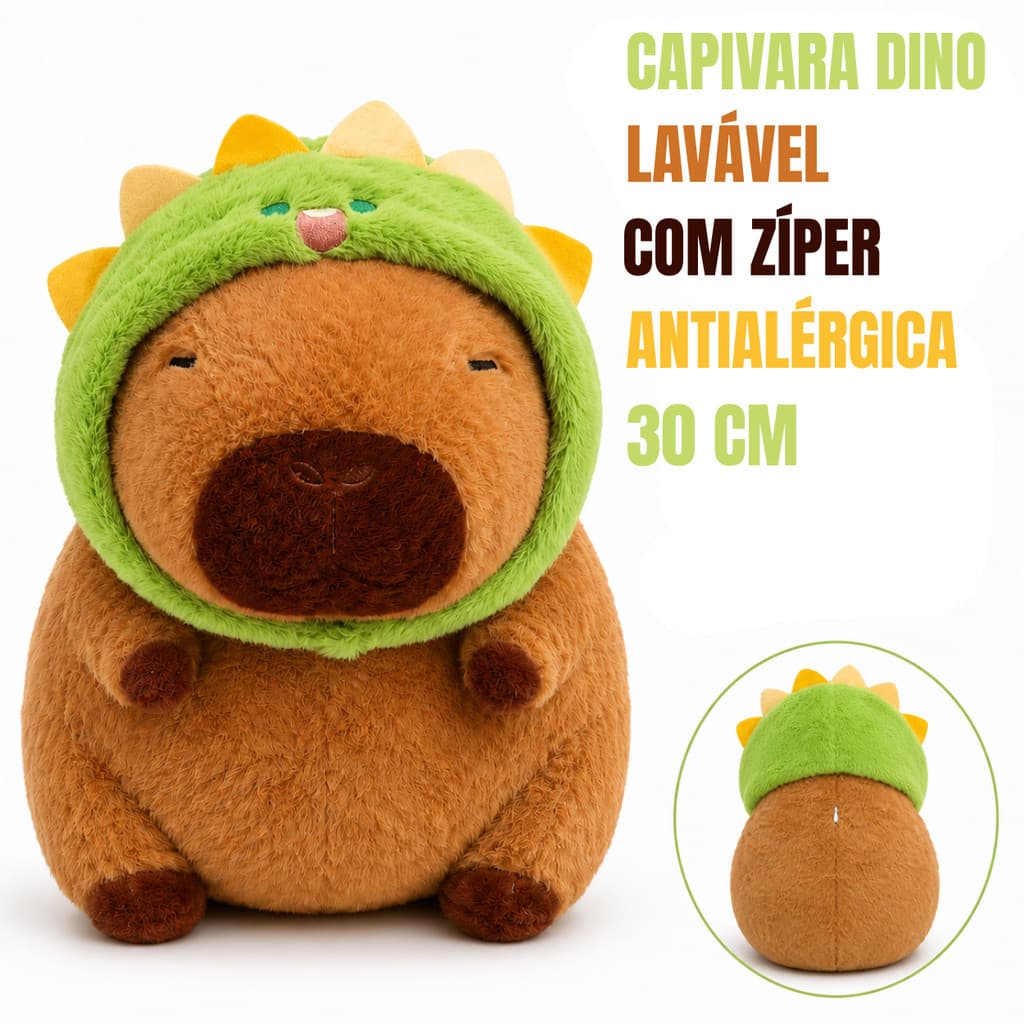 Capivara Dinossauro 30cm de Pelúcia Antialérgica Lavável com Zíper