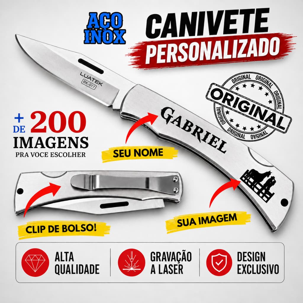 Canivete Personalizado Country Fazendeiro Inox Clip Bolso Seu Nome Desenho Agro Envio Imediato