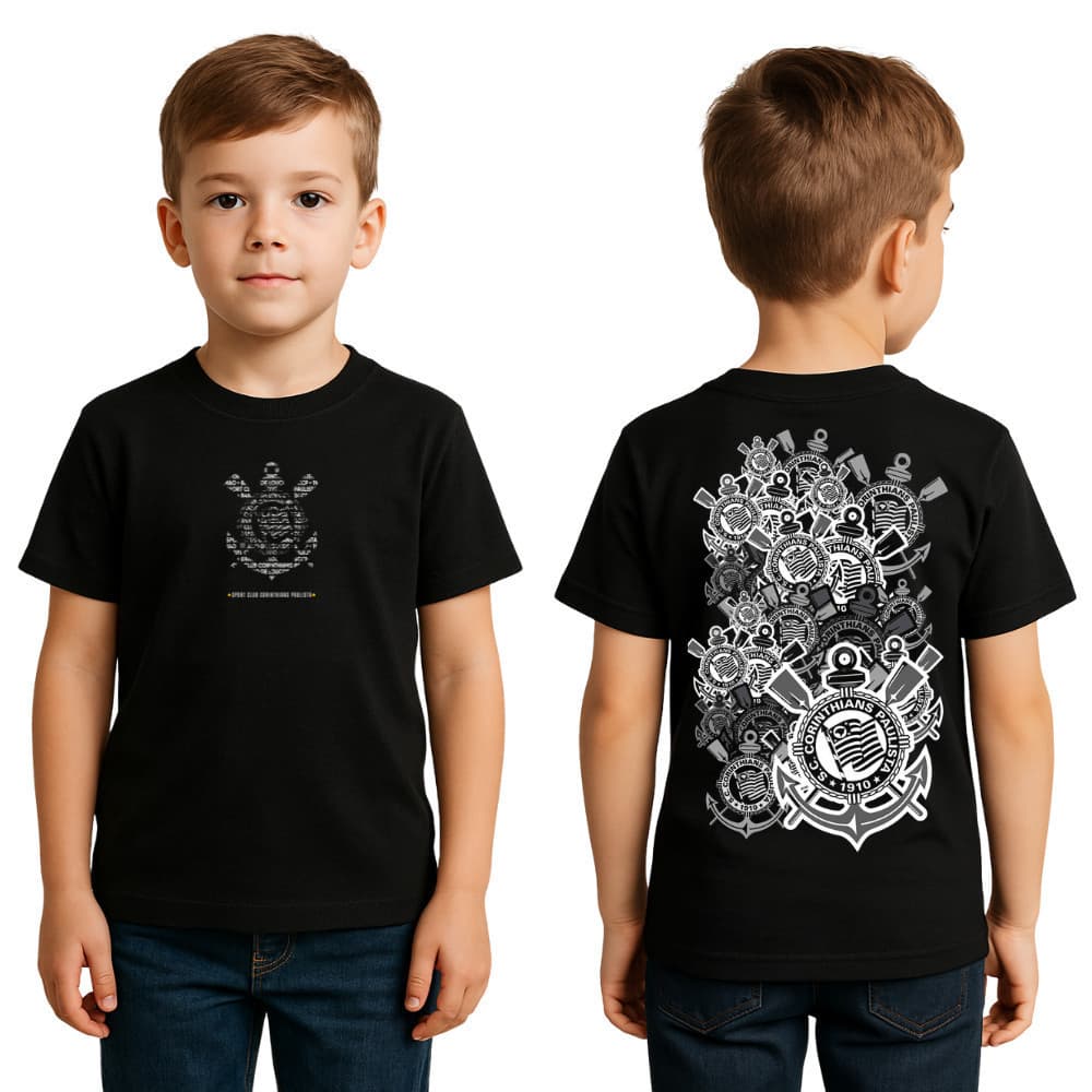 Camiseta Infantil Corinthians Preta Estilo Torcida Futebol Unissex Menino Menina 100% Algodão