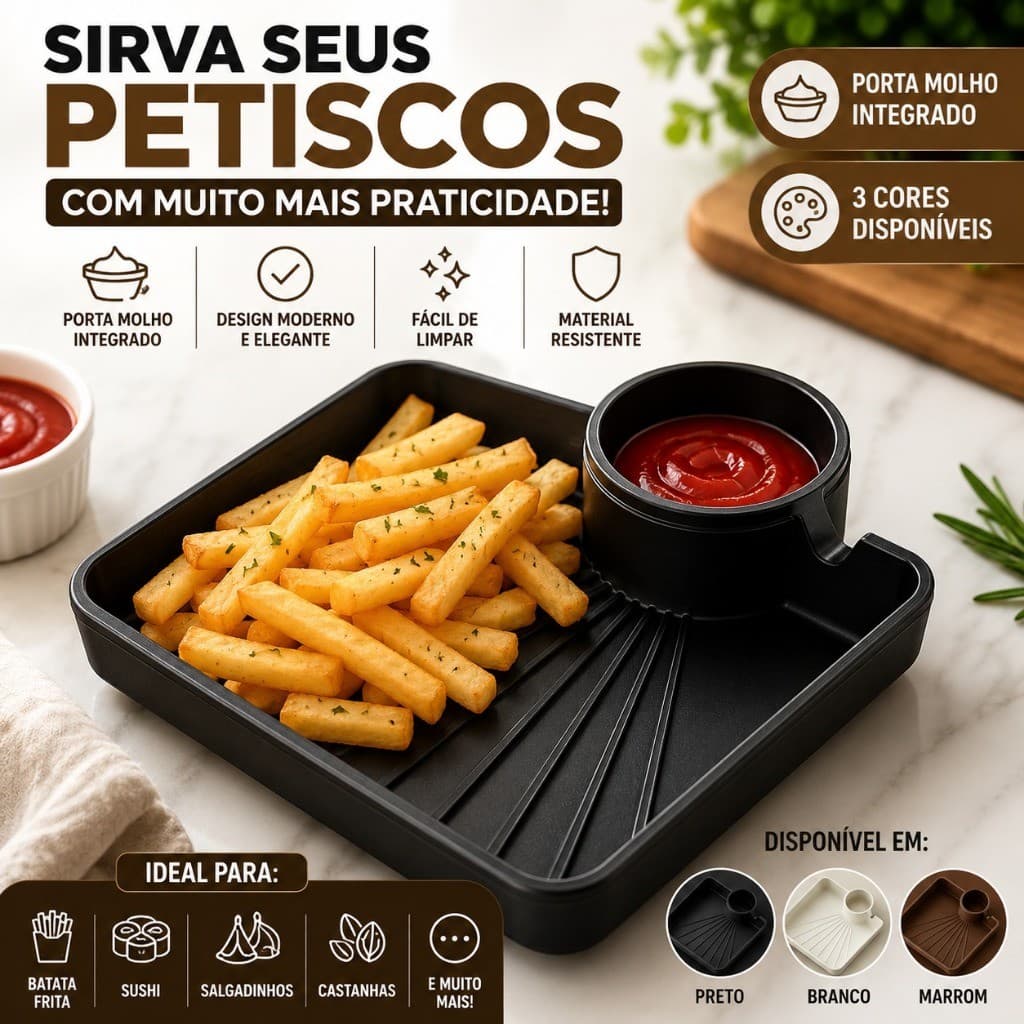 Petisqueira Porta Molho Integrado Bandeja Para Petiscos Batata Frita Sushi Aperitivos Molheira Kit 3 Unidades