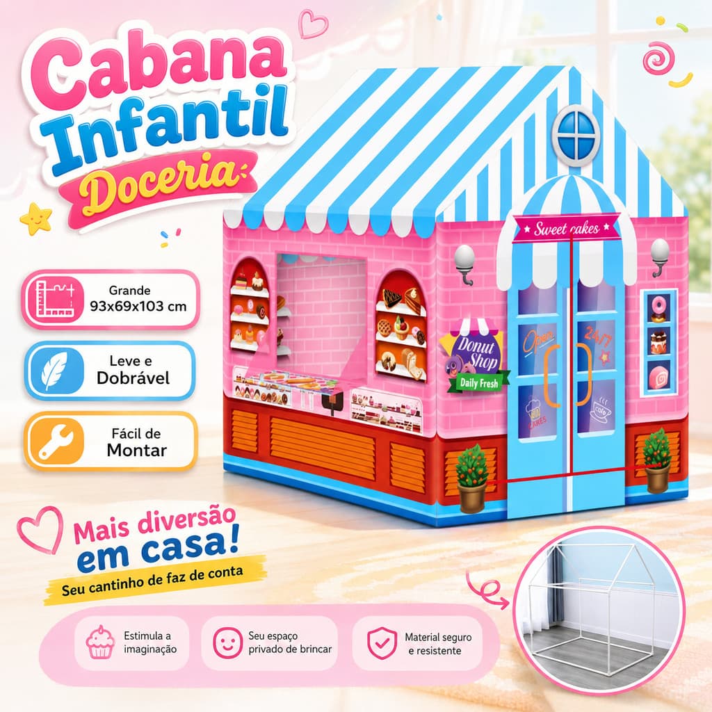 Cabana Infantil com Luzes Barraca Casinha de Brincar Doceria Rosa e Azul Grande Fácil de Montar