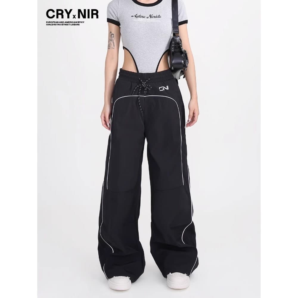 Calças esportivas casuais americanas de perna larga femininas 2025 novo estilo Retro cordão solto esfregar calças ins ma