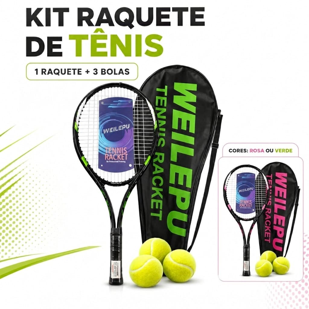 Kit Raquete De Tenis Adulto 68cm Com 3 Bolas + Capa Para Treino E Lazer Rosa Ou Verde