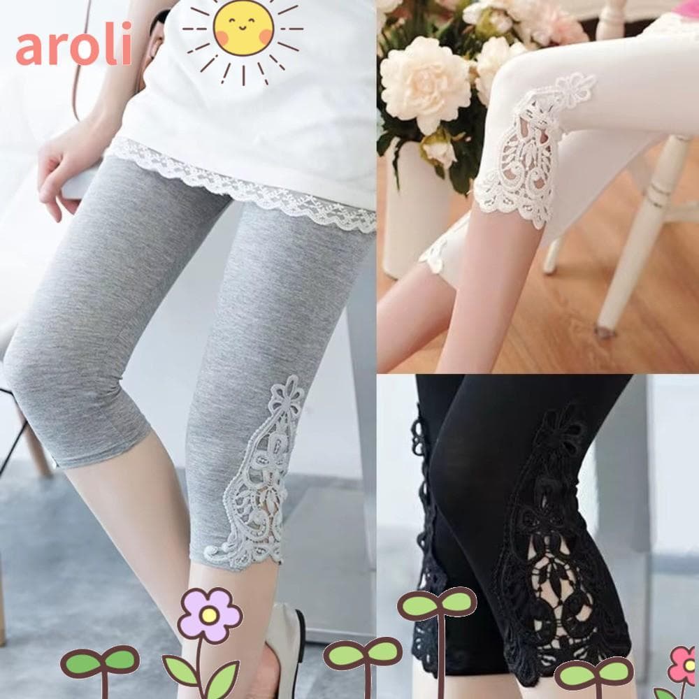 Legging AROLI Com Acabamento Em Renda , Leggings Femininas Finas E Vazadas , Calças Capris Cortadas De Cor Sólida Stretc