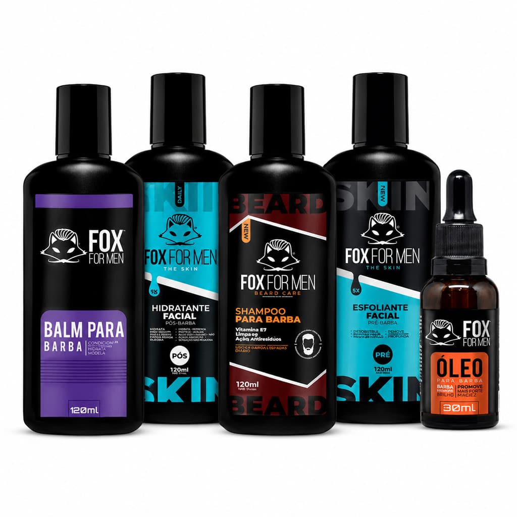 Kit Completo Barba e Rosto Fox For Men Shampoo Linha Skin Pré e Pós Barba Cuidados Masculinos
