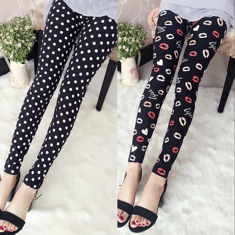 Primavera outono estilo exterior Wear Leggings mulheres calças impressas tamanho grande estiramento Dot lábios estrela G