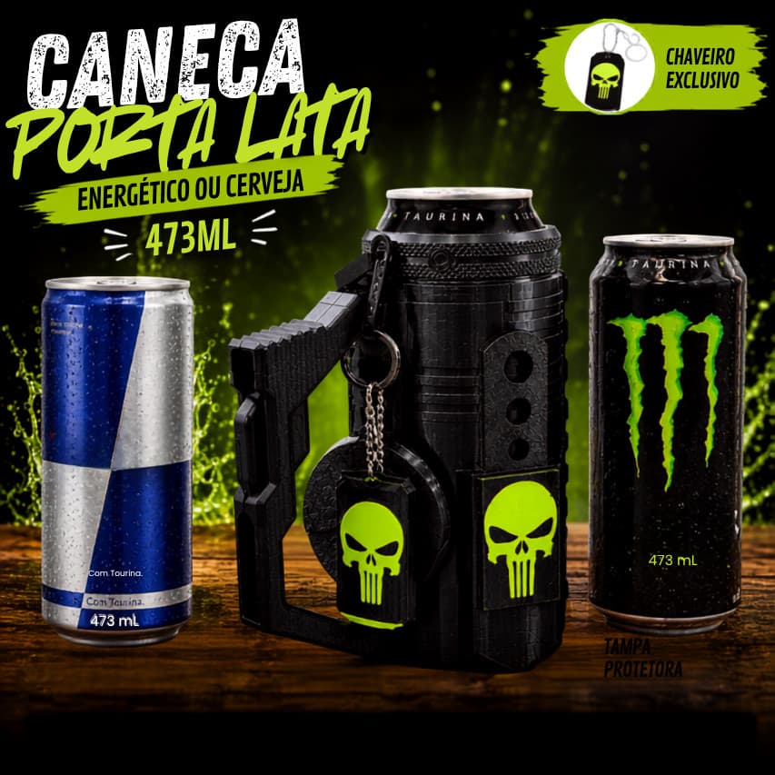 Caneca Caveira Porta Lata Energético 473ml Com Chaveiro