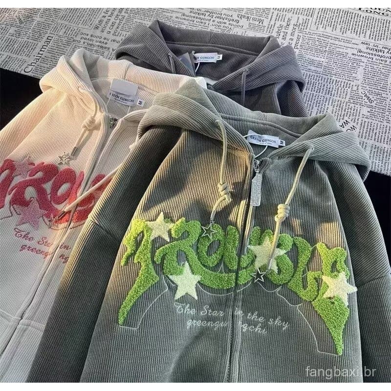 Fonte de comércio exterior Cross-Border venda quente outono inverno americano veludo zíper Hoodie grosso bordado com cap