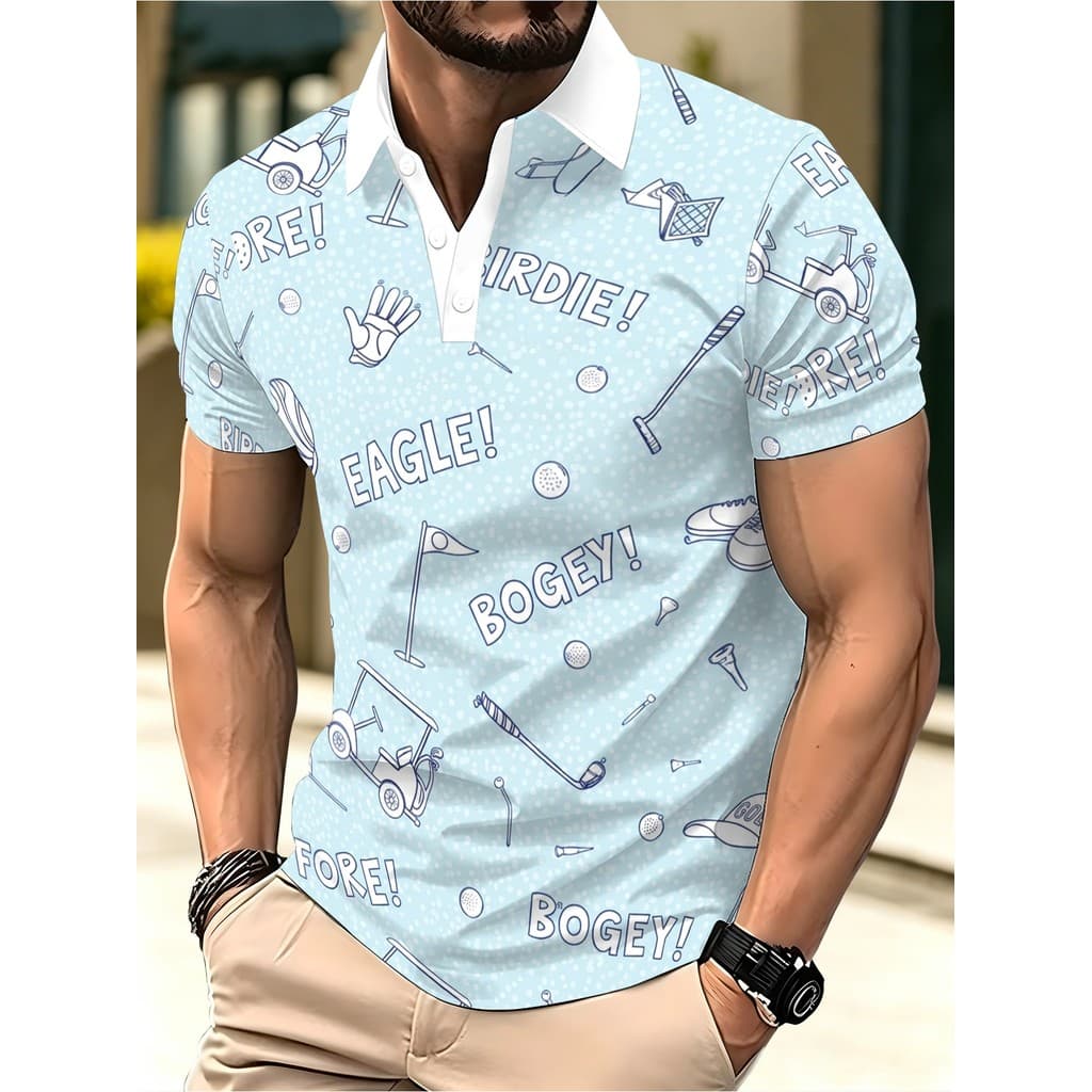 Camisa polo masculina curta azul claro tema de golfe camisa polo adequada para rua de lazer de verão, relaxamento de pra
