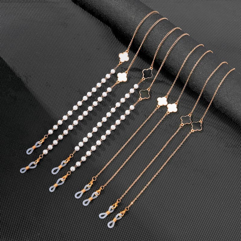 Corrente de óculos de aço de titânio trevo de quatro folhas pérola moda na moda máscara fone de ouvido corrente feminina