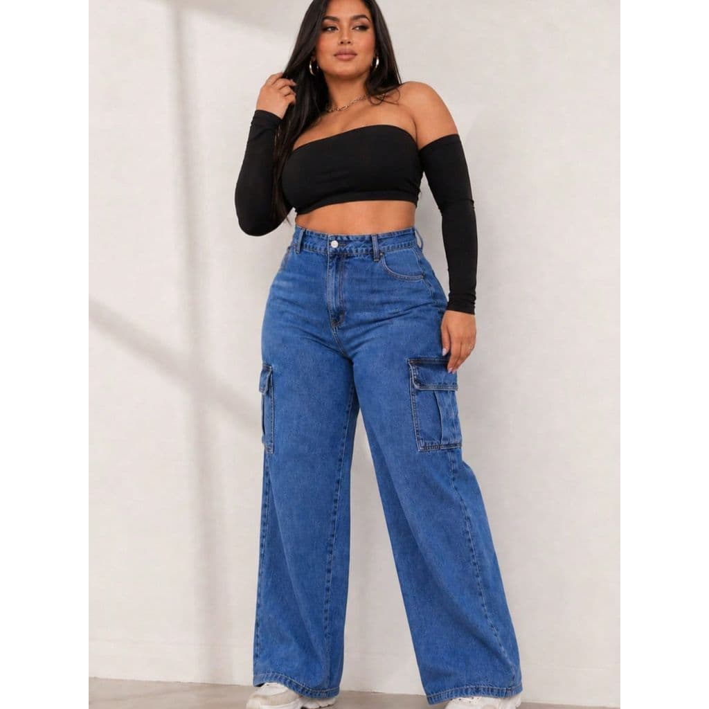 Calça Jeans Cargo Plus Size Wide Leg Cintura Alta Lavagem Azul Clara