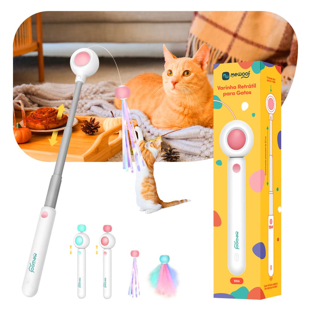 Varinha Interativa para Gatos Brinquedo Pet com Laser Suave 2 Pontas Substituíveis