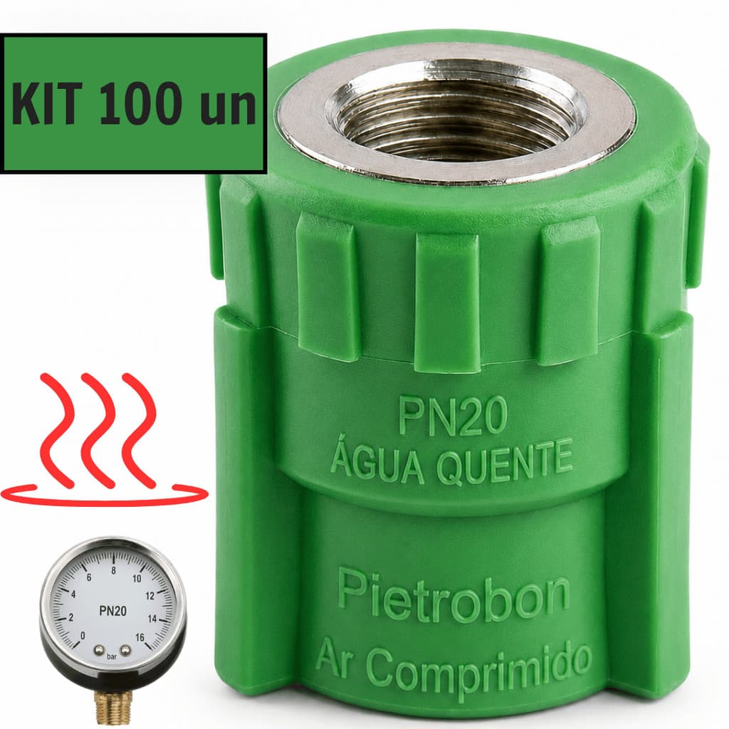 KIT 100 Luva Mista PPR 20x1/2" Rosca Fêmea BSP Metálica Conector Adaptador Transição Água Quente Ar Comprimido Pietrobon