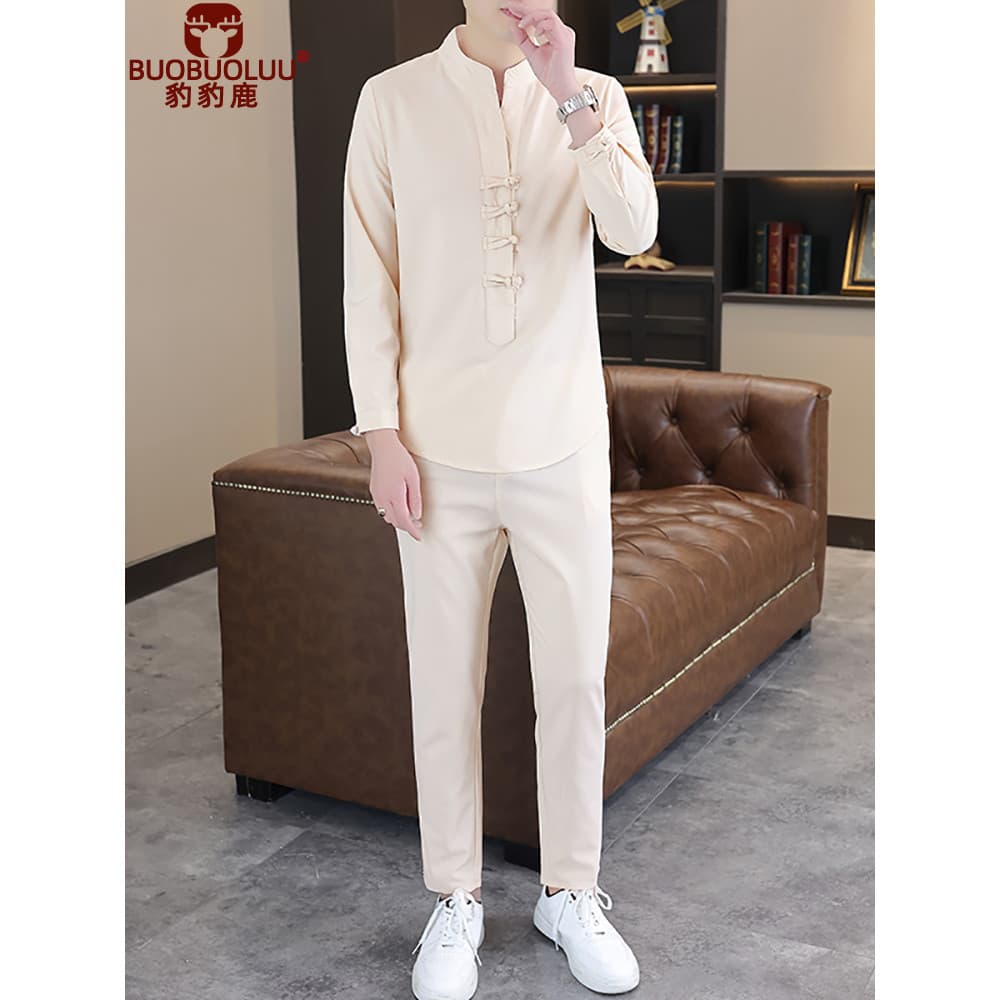 Estilo chinês terno masculino três quartos punhos abotoados calças Casual solto traje masculino traje antigo Tang terno
