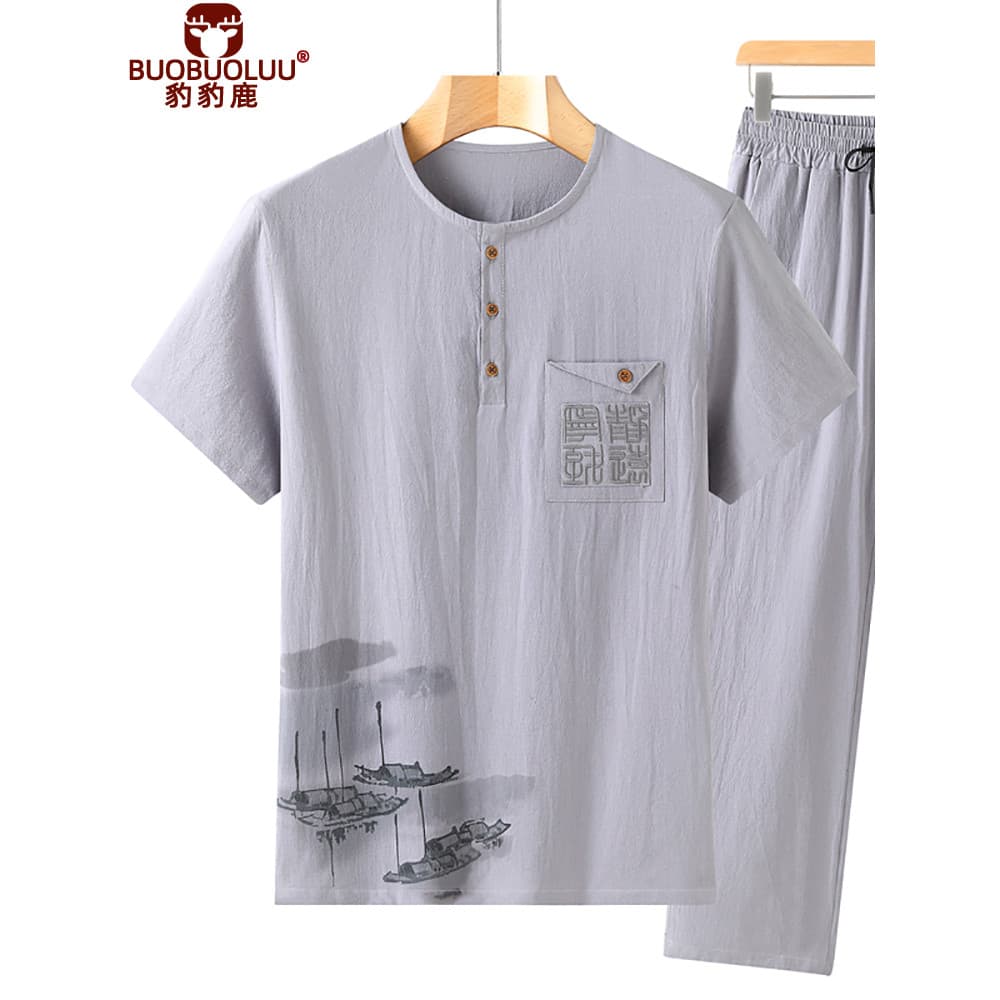 2025 verão novo estilo estilo chinês terno masculino Retro Street Wear calças de manga curta estilo budista algodão linh