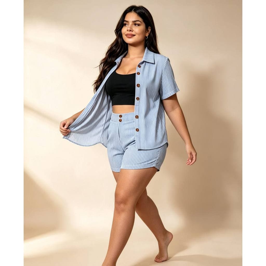 CONJUTO LISTRADO CAMISA + BOTÕES TARTARUGA/SHORT  ELASTICO + BOLSOS TECIDO DUNA