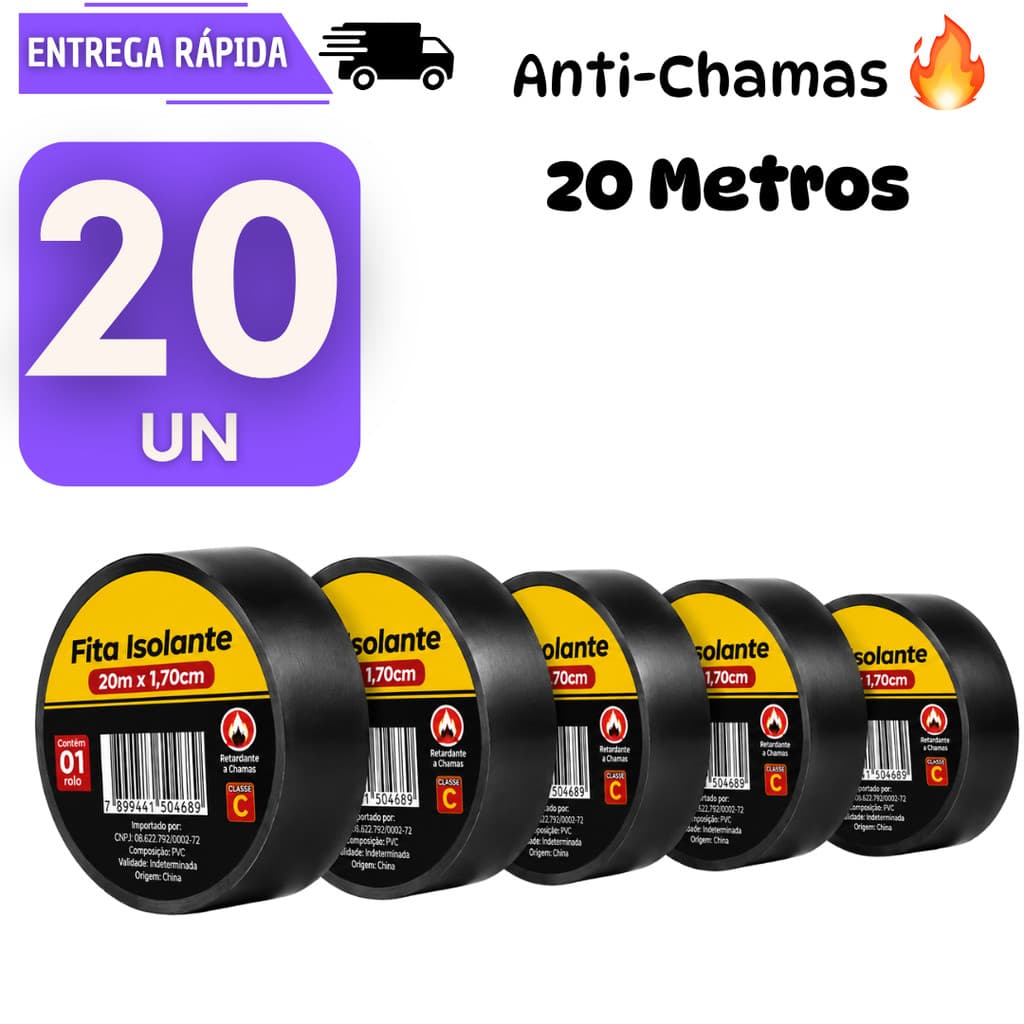 Kit 20 Fita Isolante Preta 20 metros Anti chamas Instalação Elétrica Alta Resistência Profissional Fitas Silver Cabo Fio