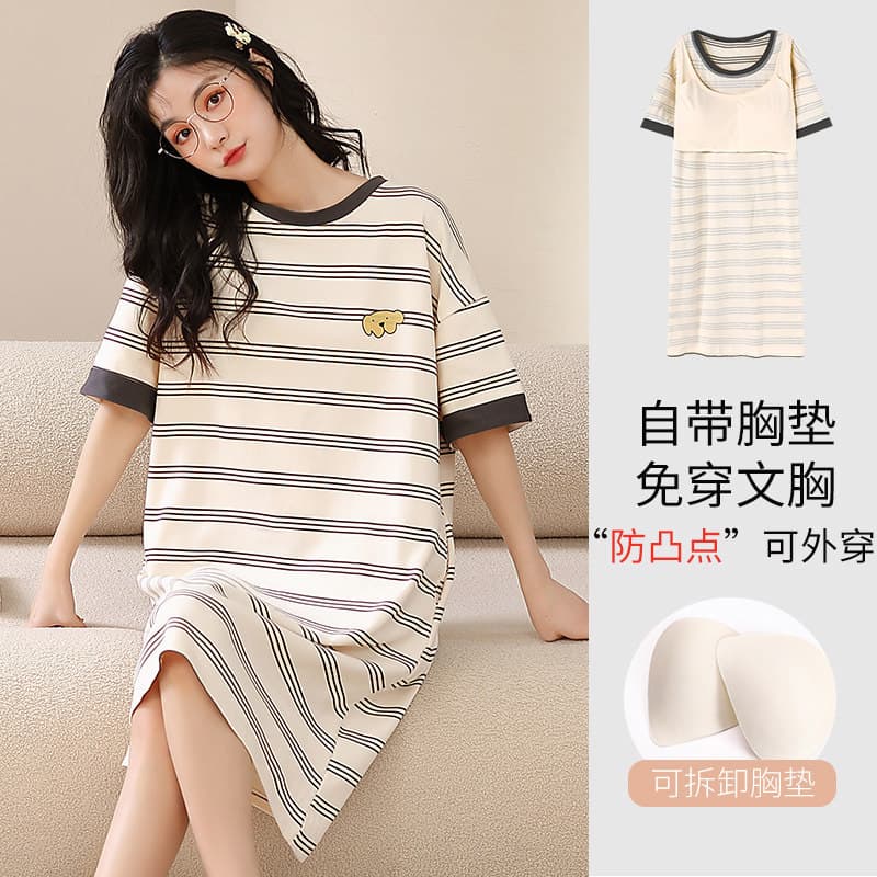2024 novo estilo de algodão puro camisola feminina verão listrado simples manga curta algodão primavera verão Homewear c