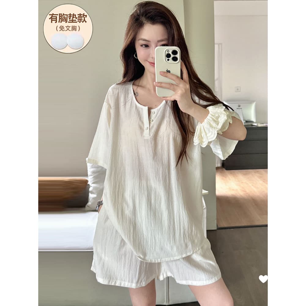 Pijamas femininos verão com almofada no peito manga curta 2025 novo estilo Tencel algodão linho estilo fino estilo influ