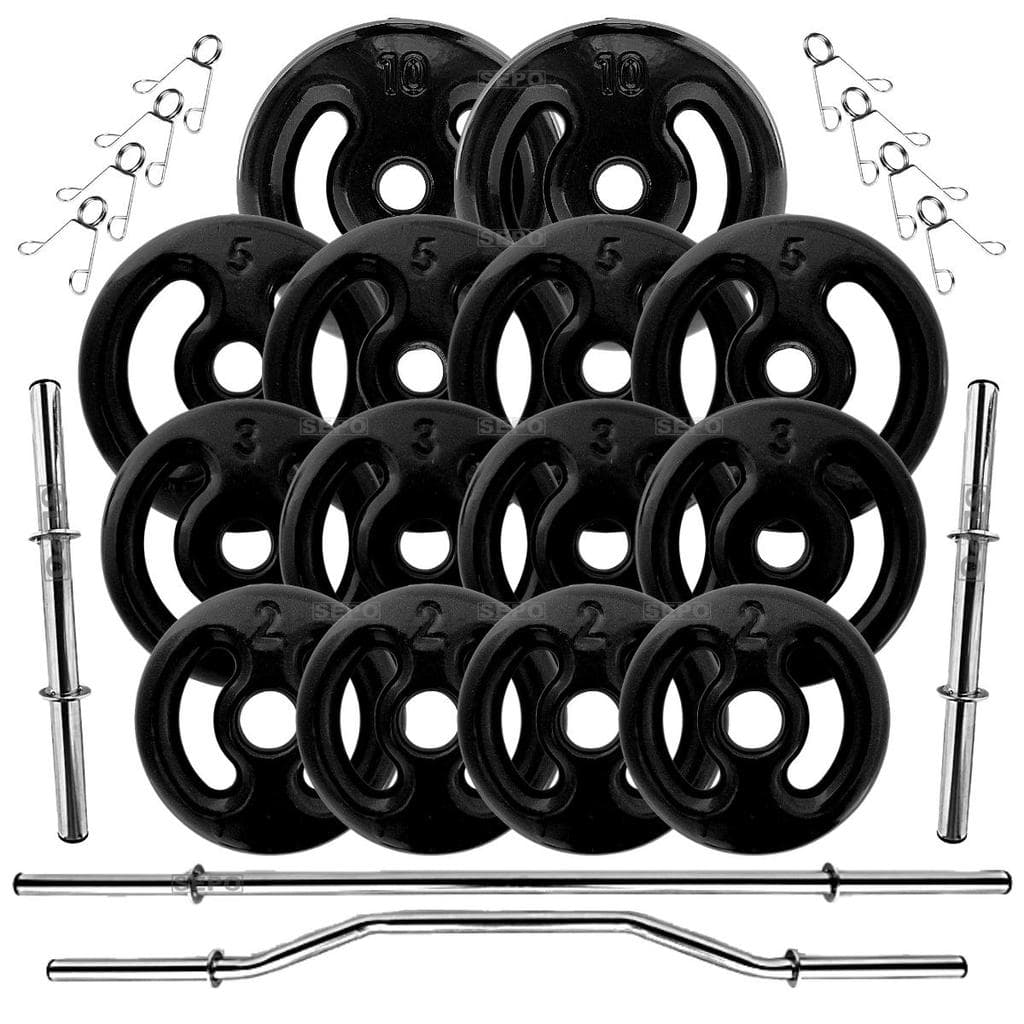 Kit 60Kg Anilhas Emborrachadas Pretas com Barras 40cm e 1,60m + Barra W 1,20m