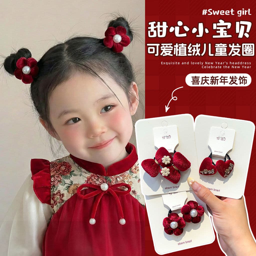 Crianças laço de cabelo ano novo festivo acessórios para o cabelo meninas pérola vermelha flor bandana bebê doce faixa d