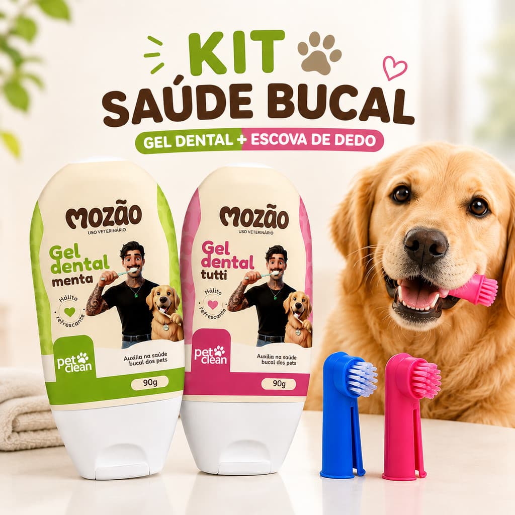 Kit Gel Dental Pasta de Dente Para Cachorros e Gatos + Dedeira Escova de Dentes Pet Creme dental