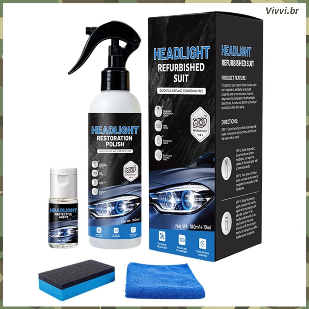 Kit De Restauração De Farol De Carro Com Limpador Multifuncional Rápido E Fácil 180ml Melhora A Visibilidade Noturna _VV