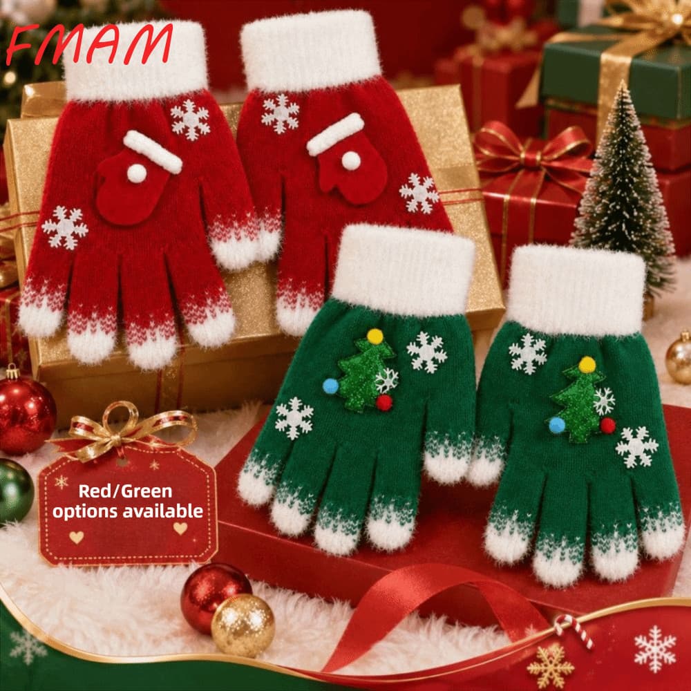 Luvas De Cinco Dedos FMAM , Luva De Malha De Natal Adequada Para A Pele De Tamanho Único Quente De Inverno De Desenho An