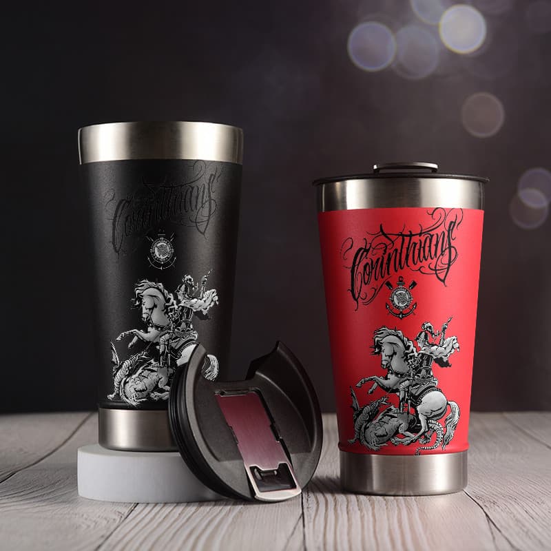 Copo térmico tumbler corinthians 473ml aço inoxidável com abridor de garrafas embutido e tampa parede dupla vácuo