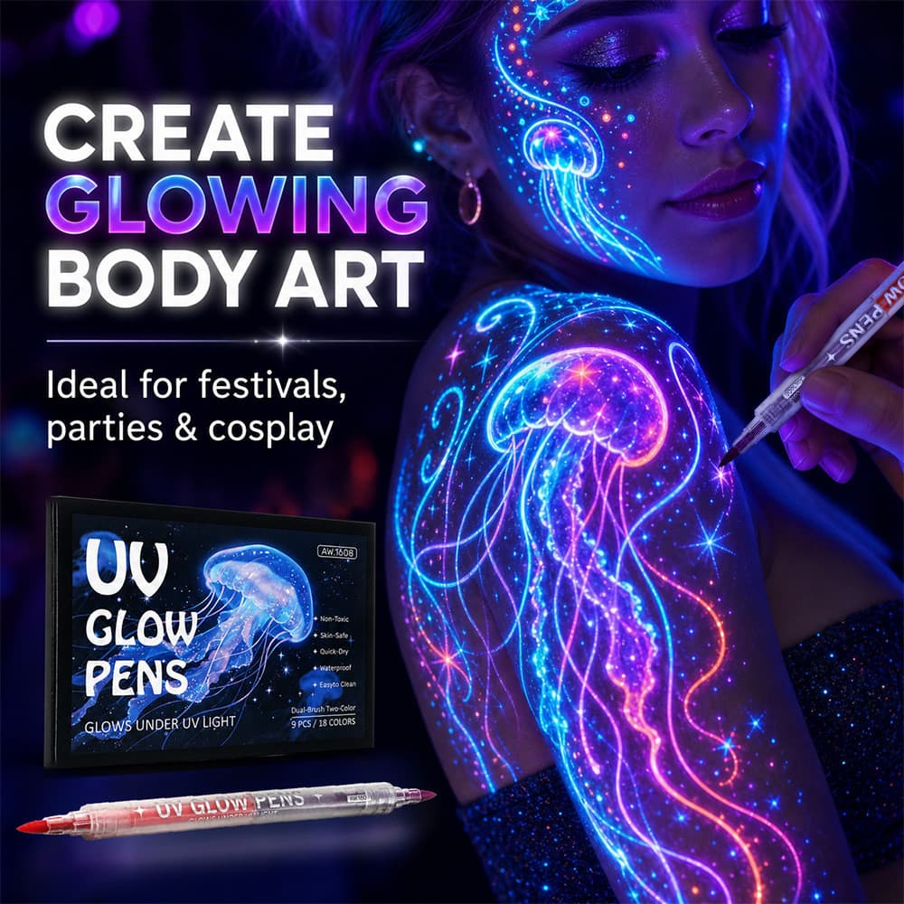 Marcadores De Tinta Facial E Corporal Com Brilho UV De 12/18/24/30 Cores , Canetas De Arte Reativas Neon De Ponta Dupla