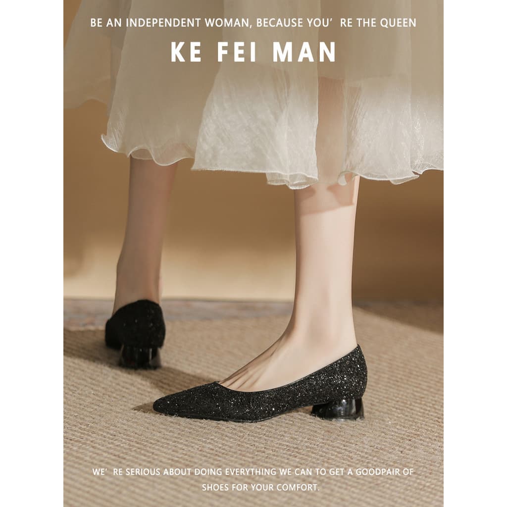 [Kefiman] Sapatos de salto grosso com lantejoulas, boca rasa, salto baixo, salto pequeno, bico fino, salto alto, 3 cm, p