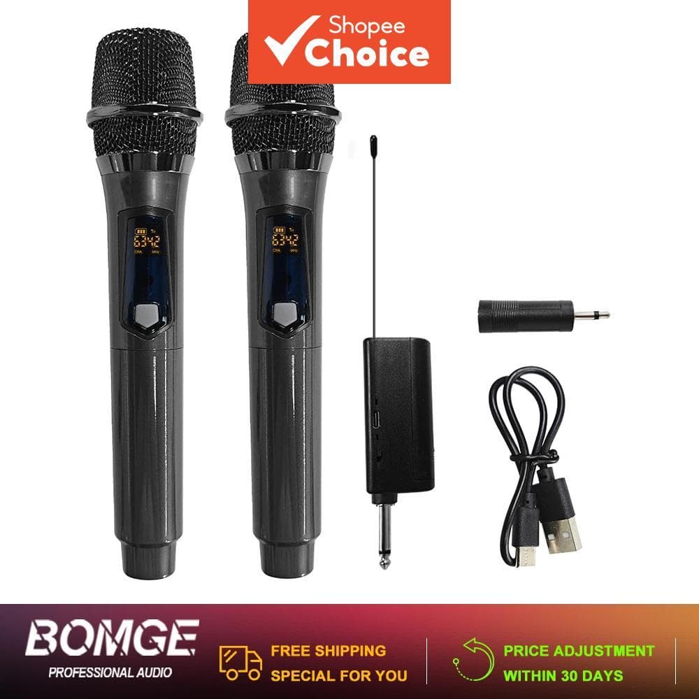 BOMGE-BG-261 Microfone de Mão Sem Fio, Sistema de Microfone Dinâmico Duplo Metálico Sem Fio com Receptor Recarregável de
