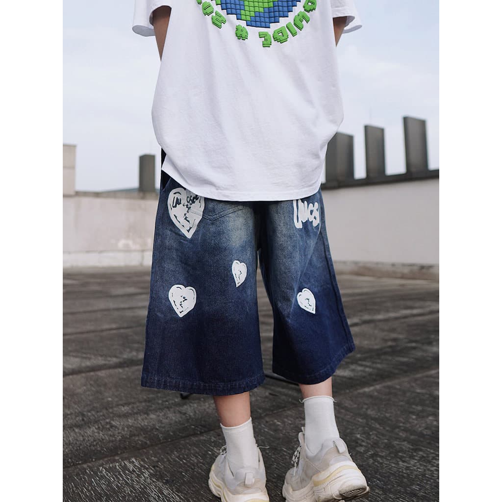 UUCSCC verão Hip-Hop macacão jeans Shorts soltos Street Wear calças de cinco pontos amor impressão reta calças cortadas