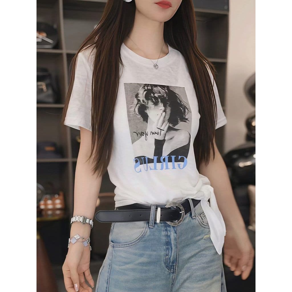 Americano Retro retrato impressão rendas de manga curta camiseta feminina 2026 verão novo estilo moda Casual All-Match f