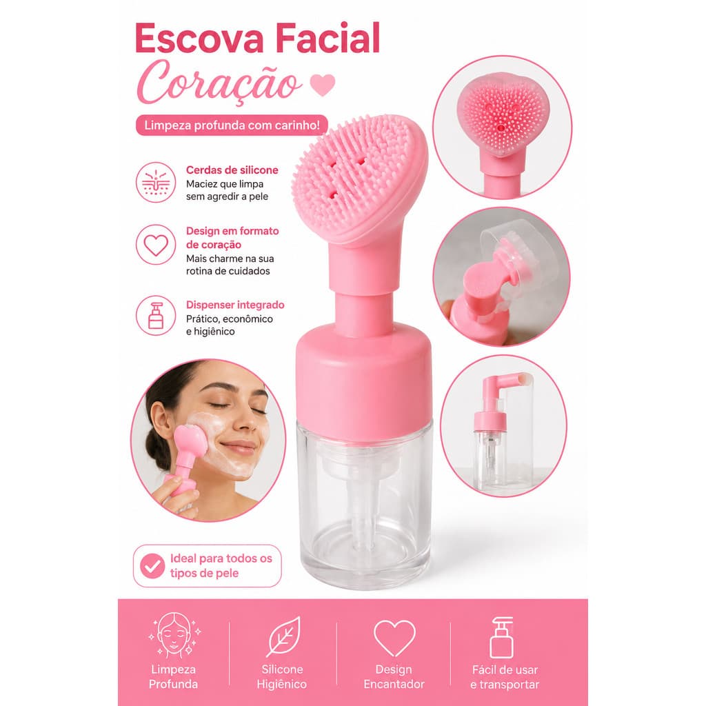 Frasco Pump Espumador com Escova de Silicone em Coração – Limpeza Facial e Massagem