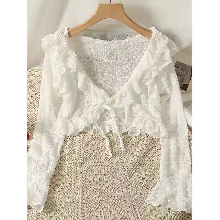 2025 verão novo estilo exterior cardigan babados rendas protetor solar cardigan feminino curto pequeno xale blusa