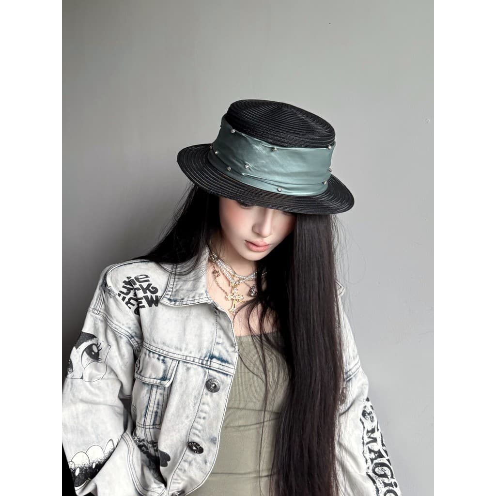 Dinheiro antigo Feng Shui strass fita verde oco malha pequena borda plana topo chapéu de palha francês feminino verão mo