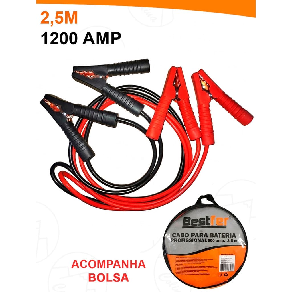 Cabo Chupeta Carregador 2,5M Bateria 1200amp Carro Caminhao Moto Bestfer