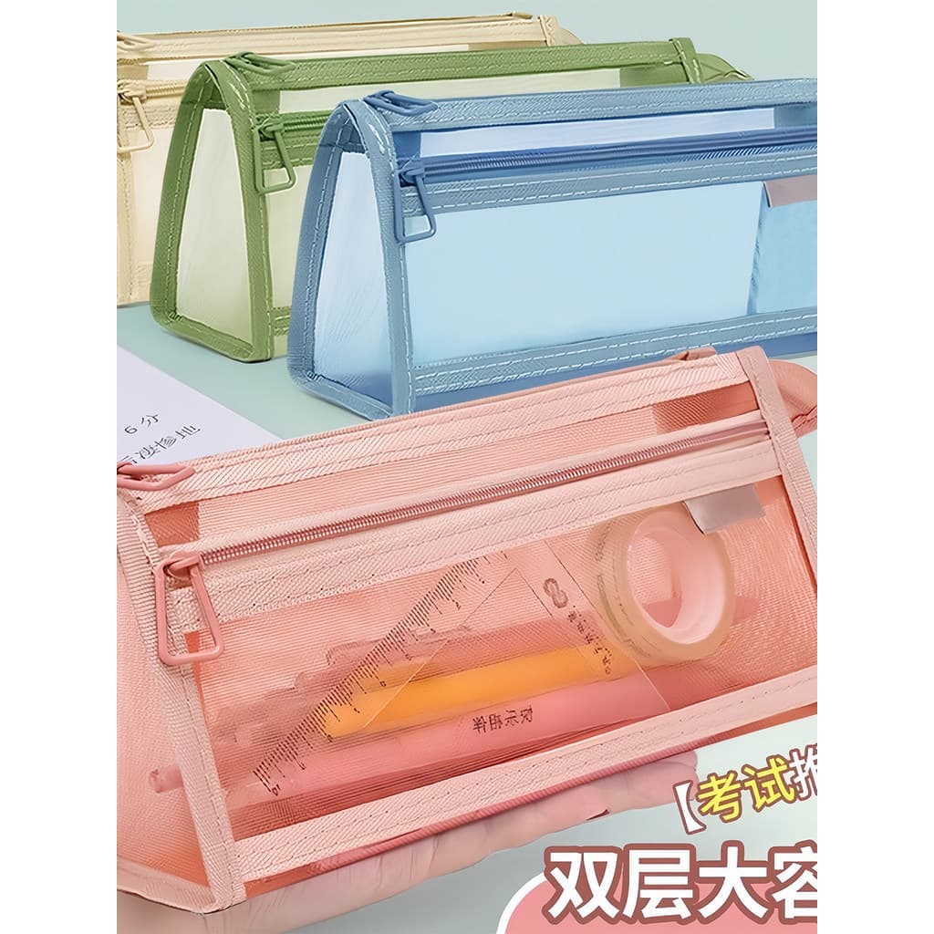 Estojo de lápis de gaze transparente tridimensional de camada dupla exame dedicado novo grande-