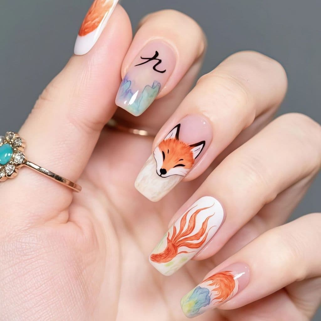 Novo estilo de unhas artísticas brilhantes, produto acabado, unhas postiças removíveis com design de fada raposa de nove