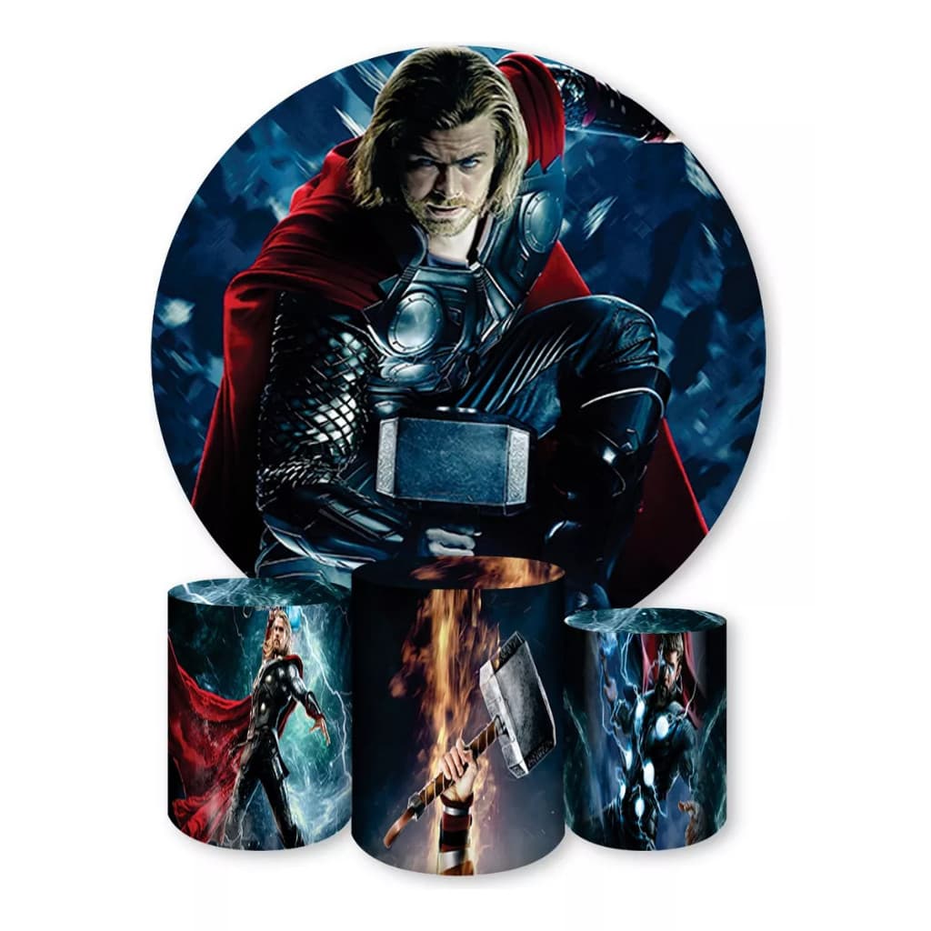 Kit Capa De Painel Redondo + Trio Capa De Cilindro Decoração De Festa Tema Thor | Envio Rapido