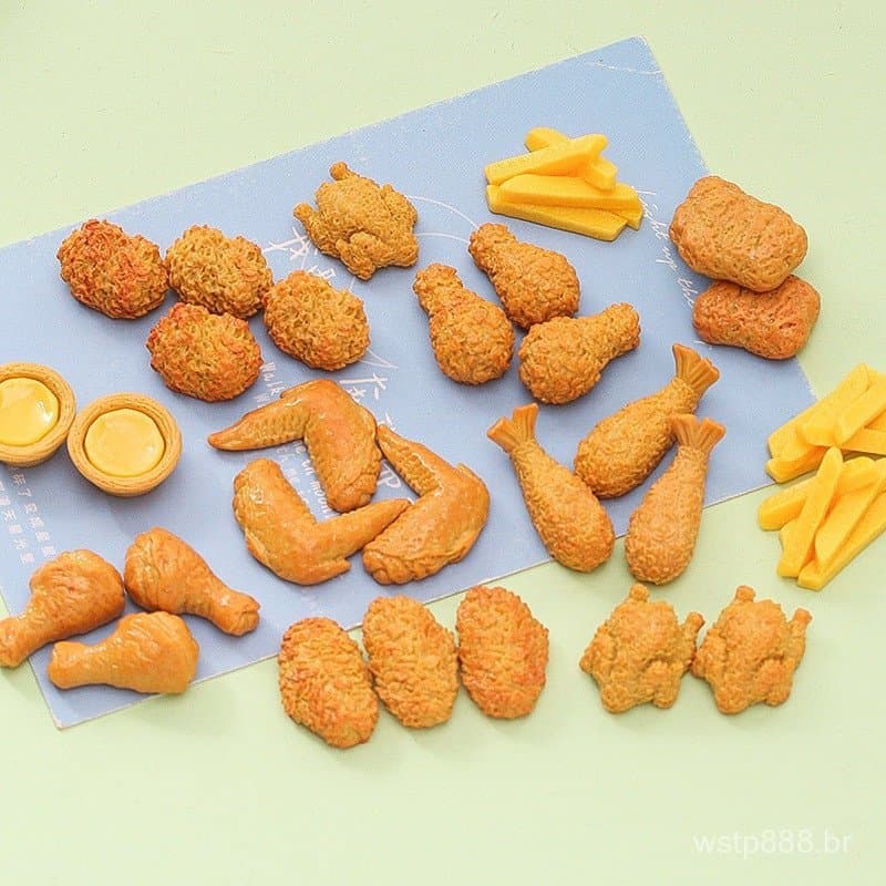 202510 peças de brinquedos de comida em miniatura, modelos simulados de frango frito e batatas fritas, material de resin