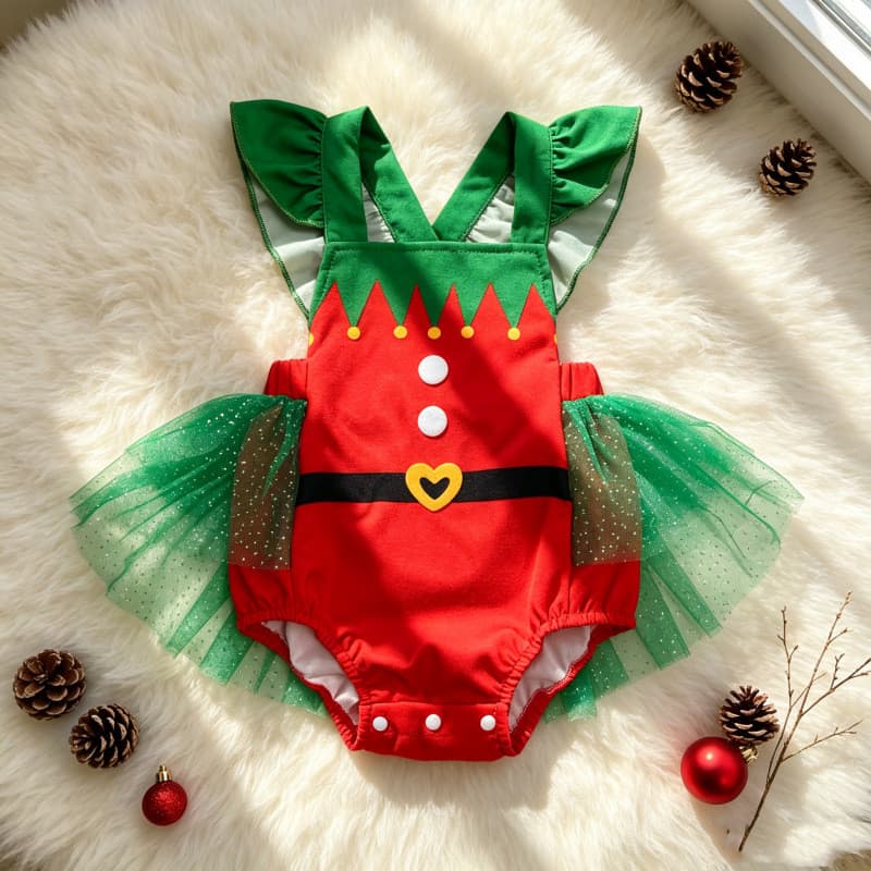 Natal bebê macacão bebê menina natal verde manga voadora gaze Pettiskirt